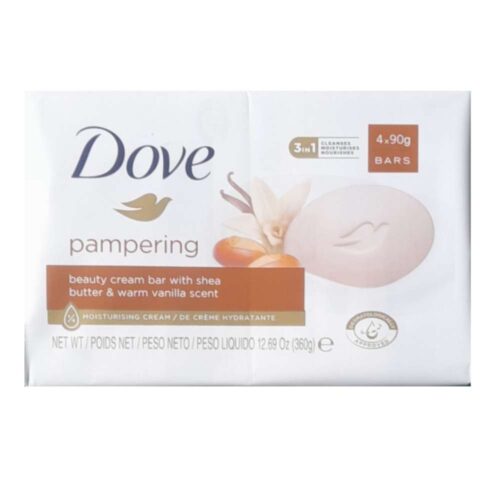 Dove 3-in-1 Pampering Beauty Cream Bar with Shea Butter And Warm Vanilla Scent (90g x 4) 12.69Oz / 360g