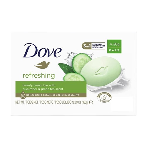 Dove 3-in-1 Refreshing Beauty Cream Bar with Cucumber and Green Tea Scent (90g x 4) 12.69Oz / 360g